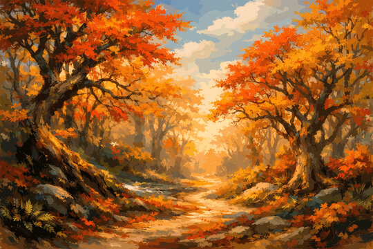A vibrant autumn forest path bathed in warm sunlight, with colorful orange and red leaves covering the trees and ground, leading into a serene woodland.