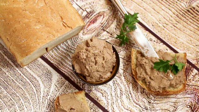 Rustic appetizer with liver pate and parsley garnish