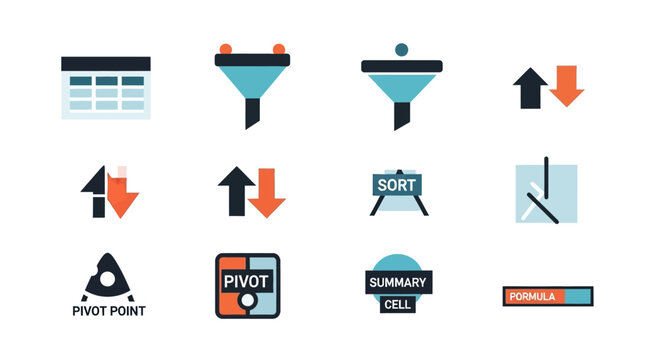 Data Analysis Icons: Filters, Sorting, Pivot Tables, Summary Cells, Formulas