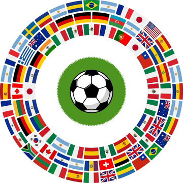 Soccer ball on green grass within a circle of diverse national flags during competition vector illustration