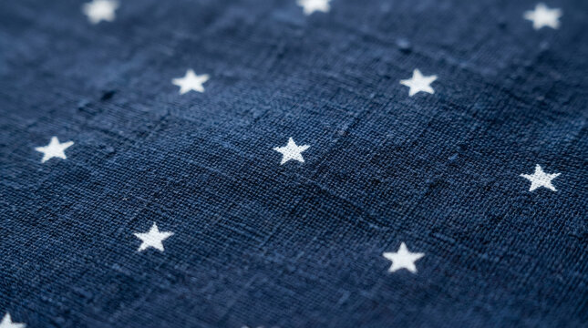 Patriotic blue linen fabric, white star pattern, textured textile background for Americana design