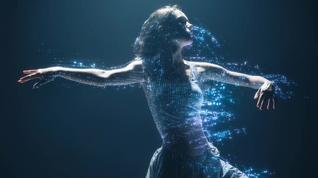 A young woman gracefully dances in a futuristic digital environment, her movements dissolving into sparkling particles. The scene blends technology with expressive human motion