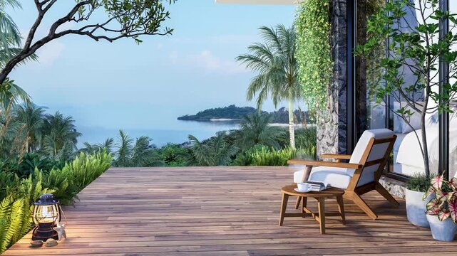 Animation of modern contemporary style wooden terrace with sea view surrounded by tropical style garden 3d render ,There are plank floors decorated with wooden chair