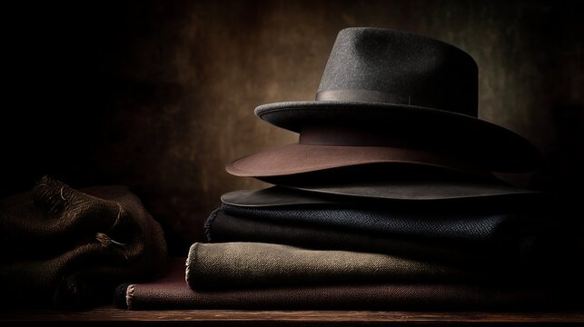 Luxury hat stack showcased with dramatic studio lighting and a dark moody background, creating a sophisticated fashion display with premium styling.