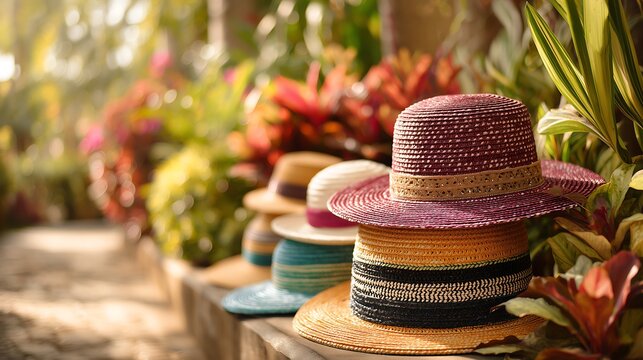 Colorful summer hats stacked beside tropical plants in bright sunlight, creating a cheerful vacation vibe and vibrant resort atmosphere.