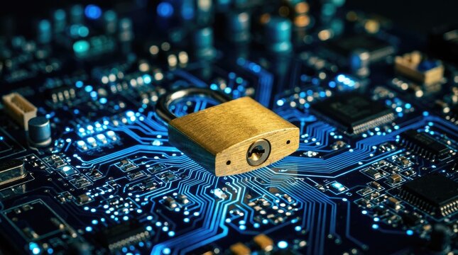 Digital Security Padlock on Futuristic Circuit Board Technology Concept.