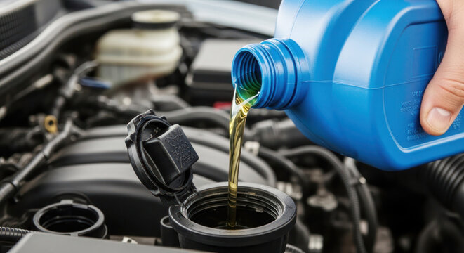 Person pouring engine oil from a blue plastic bottle into a car engine compartment, close-up view of the engine components visible