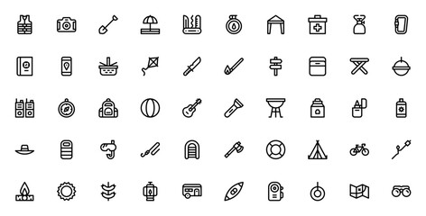 Summer Camp icon set. Vector illustration. Minimalist outdoor activity icons pack. Includes symbols for lifejacket, camera, shovel, sun umbrella, backpack, tent, campfire, fishing rod, compass and mor © wang