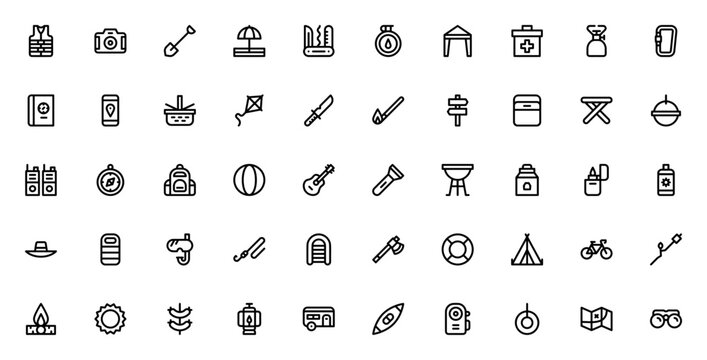 Summer Camp icon set. Vector illustration. Minimalist outdoor activity icons pack. Includes symbols for lifejacket, camera, shovel, sun umbrella, backpack, tent, campfire, fishing rod, compass and mor