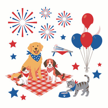 Cute pets and patriotic symbols celebrating the Fourth of July with fireworks and balloons.