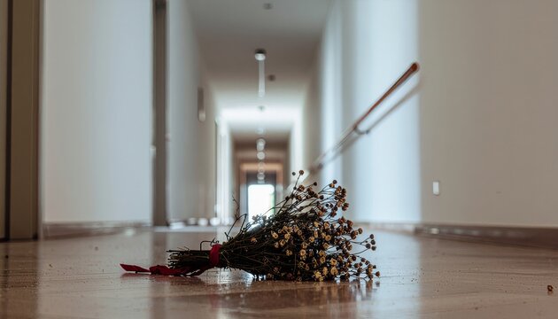 Abandoned Wedding Bouquet on Hallway Floor - A Symbol of Lost Love.