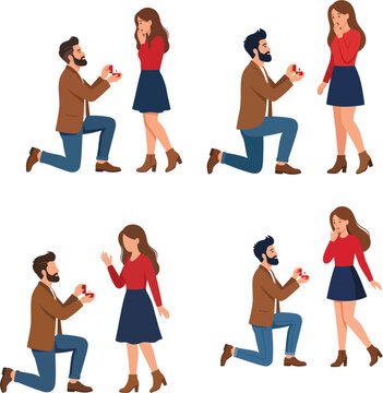 Man kneeling and proposing to woman vector cartoon set with romantic marriage proposal holding engagement ring box
