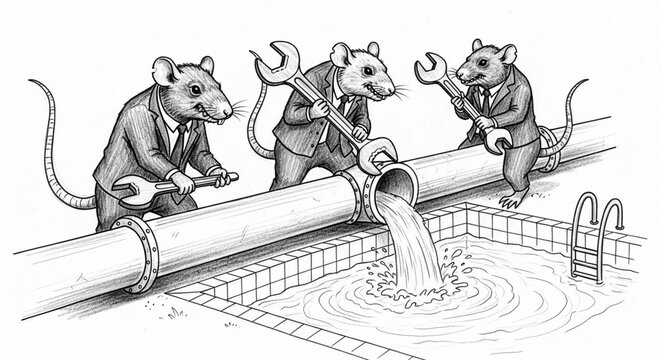 Cartoon rats fixing broken water pipe with wrenches humorously.