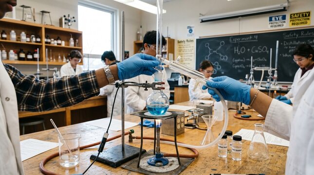 Diverse group of students conducting a chemistry experiment in a laboratory