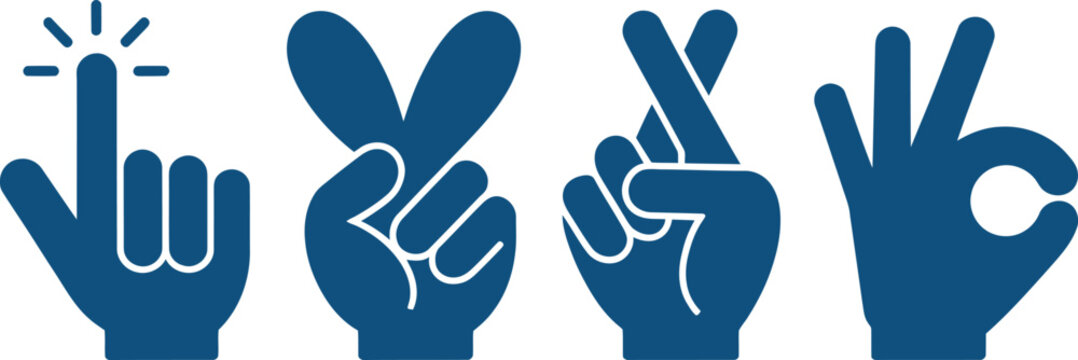 Four blue hand signs on white background finger counting gestures