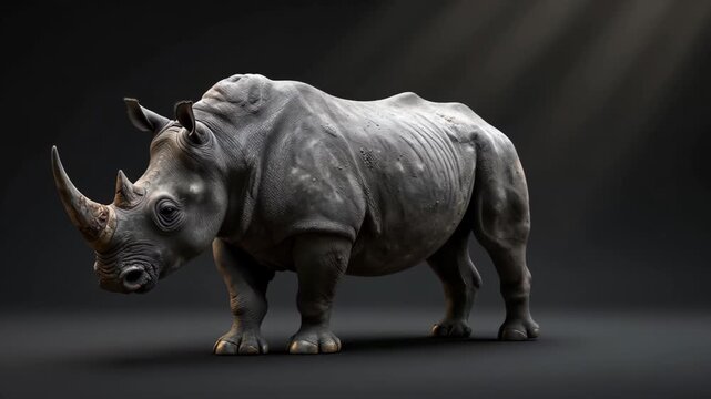 Powerful Rhinoceros Standing in a Dark Studio Setting, Cinematic Wildlife Portrait for Nature Documentaries