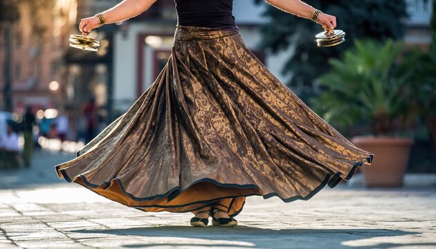 Woman Dancing with Zills in a Flowing Skirt.