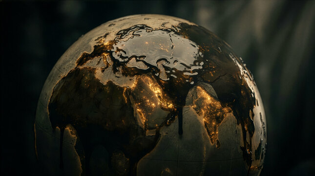 A dark globe with crude oil dripping over continents showing glowing golden city lights