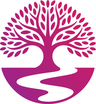 Vibrant pink tree with wavy path and gradient background illustration