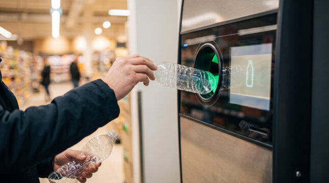 A person inserts a plastic bottle into a reverse vending machine for recycling