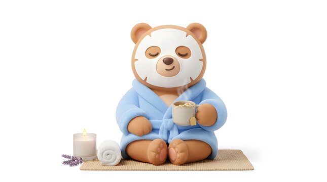 Cute teddy bear in pajamas eating breakfast on wooden table with bread and milk