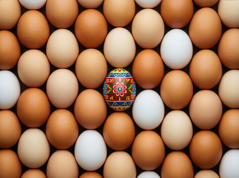 A decorated colorful Easter egg standing out among many raw brown and white eggs