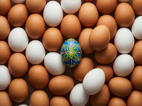 A decorated colorful Easter egg standing out among many raw brown and white eggs
