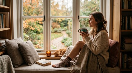 Fototapeta premium Cozy Moments as You Sip a Warm Drink by the Window on a Relaxing Afternoon with Peace - Professional Business Workplace, Corporate Productivity, Modern Office Lifestyle Commercial Stock Photo