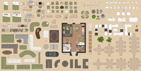 Furniture in top view. Vector illustration of isolated interior objects on white background © marinadreams