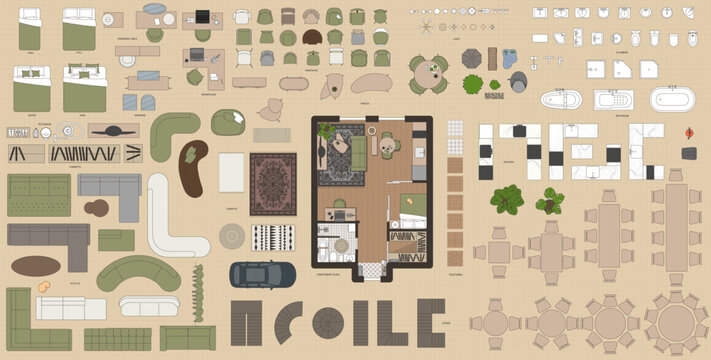 Furniture in top view. Vector illustration of isolated interior objects on white background