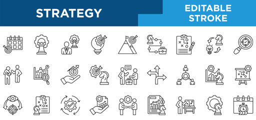 Strategy line icons set with planning, strategy, strategic leadership, vision, strategic plan concepts. Editable stroke vector collection.  © BBLOVVA