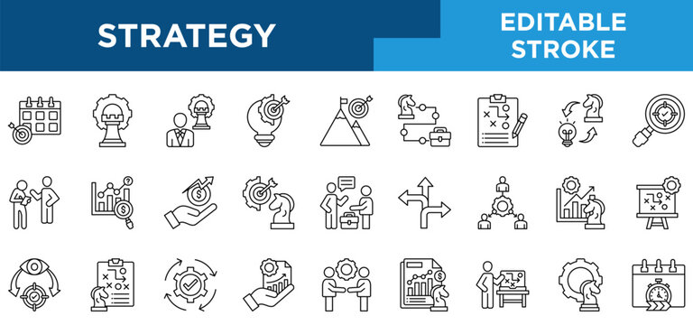 Strategy line icons set with planning, strategy, strategic leadership, vision, strategic plan concepts. Editable stroke vector collection. 