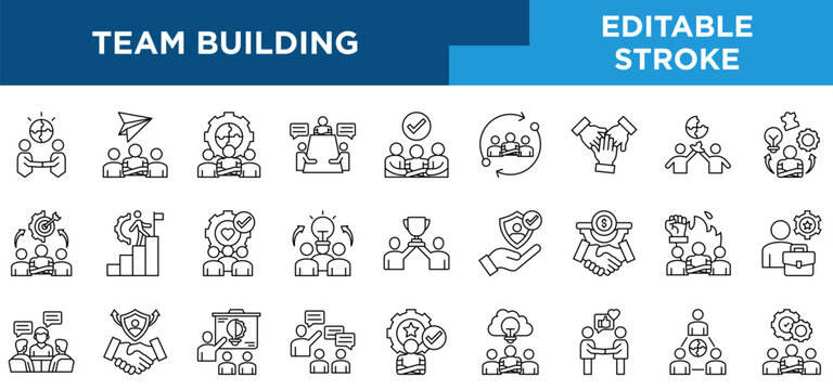 Team building line icons set with team collaboration, group meeting, decision, leadership circle, team unity, and team bonding concepts. Editable stroke vector collection. 