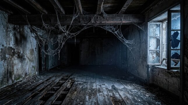 Interior of an abandoned, dilapidated room with cobwebs and broken window