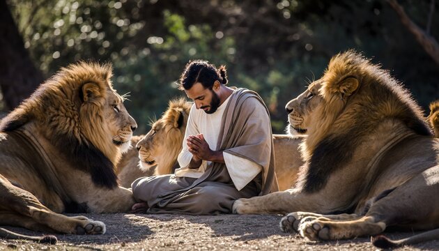 Man Praying Peacefully Surrounded by Majestic Lions in a Serene Outdoor Setting.