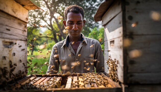 Man holding a beehive frame with bees flying around him.