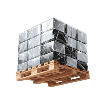 Plastic wrapped pallet, stacked boxes on wooden pallet, shrink wrapped goods, cargo shipment
