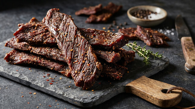 Premium Smoked Beef Jerky Snack on Rustic Wooden Board High Protein Gourmet Food Concept