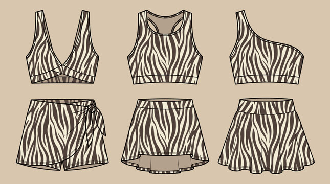 Set of Sports Bra, Wrap Skirts technical fashion illustration, zebra animal print pattern. Flared Skirt fashion flat technical drawing template, slim fit, front view, brown beige women CAD mockup