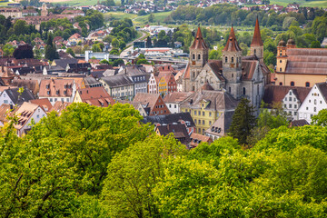 Obraz premium Areal view of city Ellwangen in Germany - Historical city developed in 7th century with famous monastery, baroque church and castle