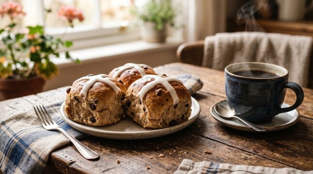 Freshly baked hot cross buns on a rustic wooden table with steaming morning coffee for an Easter food blog. Homemade hot cross buns with sweet glaze served on a plate for a festive holiday breakfast.