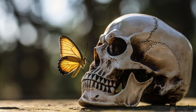 A delicate butterfly lands on a human skull, symbolizing the ephemeral nature of life and the beauty found in unexpected places.