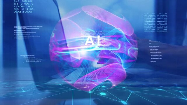 Generative artificial intelligence AI technology in glowing quantum sphere, digital chat agent and assistant over laptop