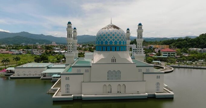 Aerial view of Kota Kinabalu city mosque. Masjid Bandaraya. Kota Kinabalu, Sabah, Borneo. East Malaysia.