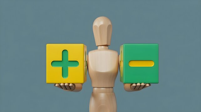 Wooden mannequin holding plus and minus blocks in hands symbolizing choice or decision making against blue background
