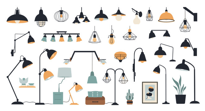 Large collection of various lighting fixtures including ceiling lamps, wall sconces, floor lamps, and desk lights for interior design.