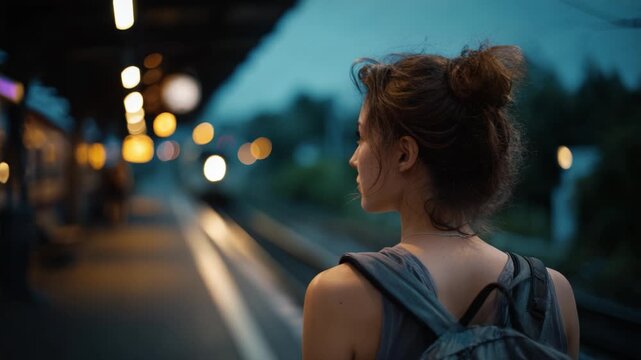 A young woman stands at a train station, gazing into the distance as the evening lights create a soft glow in the twilight, capturing a moment of quiet anticipation.