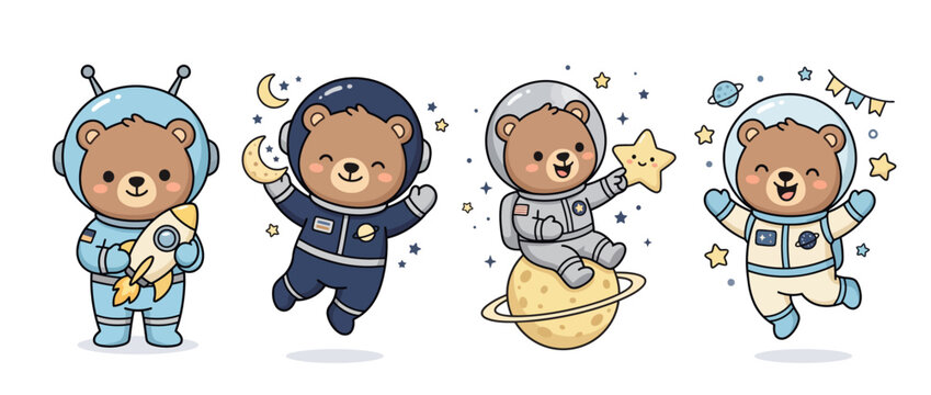 Cute Kawaii Astronaut Bear Cartoon Character Set in Space Suits with Stars and Planet for Kids Galaxy Nursery Design