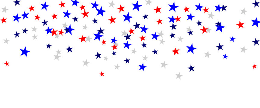 Red, white and blue star confetti falling down patriotic star shape for USA Independence day or memorial day background vector.