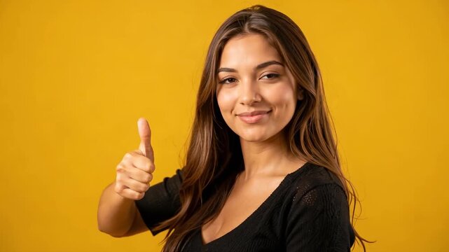 Young Smiling Woman Giving a Thumbs up in a Bright Yellow Studio Setting for Positive Affirmation